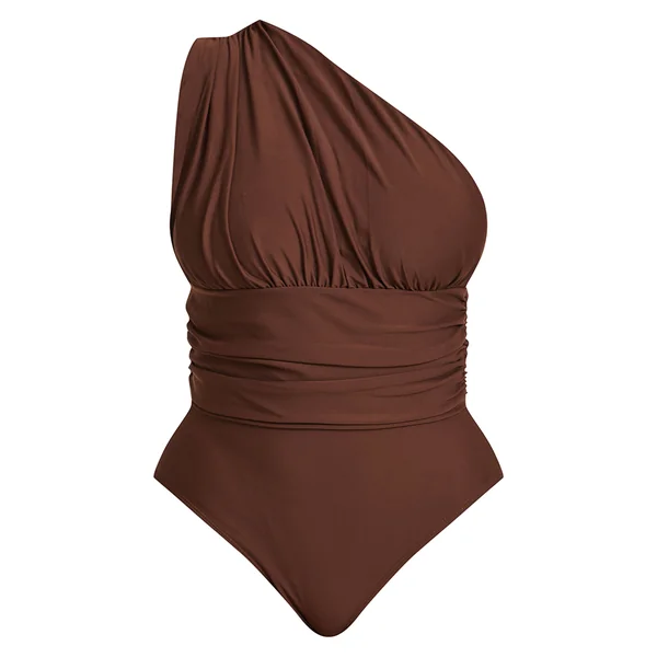 Chocolat Maillot De Bain Échancré Une Épaule Froncé Sculptant