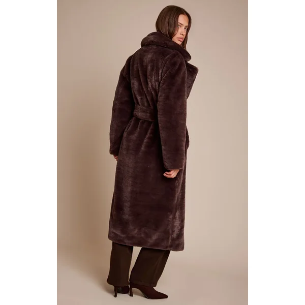 Chocolat Manteau Long En Synthétique Avec Ceinture À Nouer