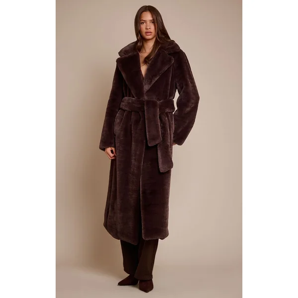 Chocolat Manteau Long En Synthétique Avec Ceinture À Nouer