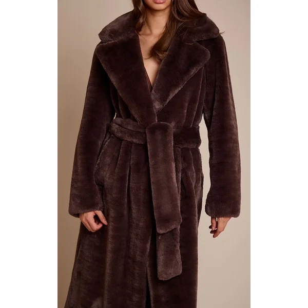 Chocolat Manteau Long En Synthétique Avec Ceinture À Nouer