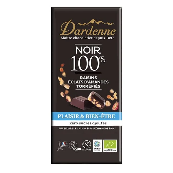 Chocolat noir 100% raisins amandes 100g