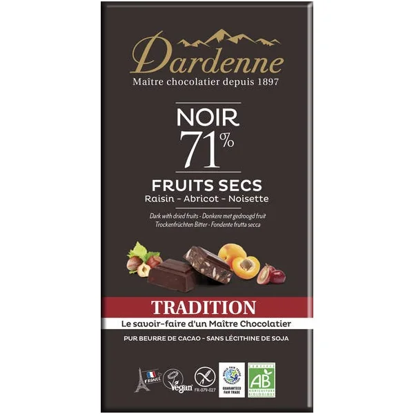 Chocolat noir 71% aux fruits secs 180g