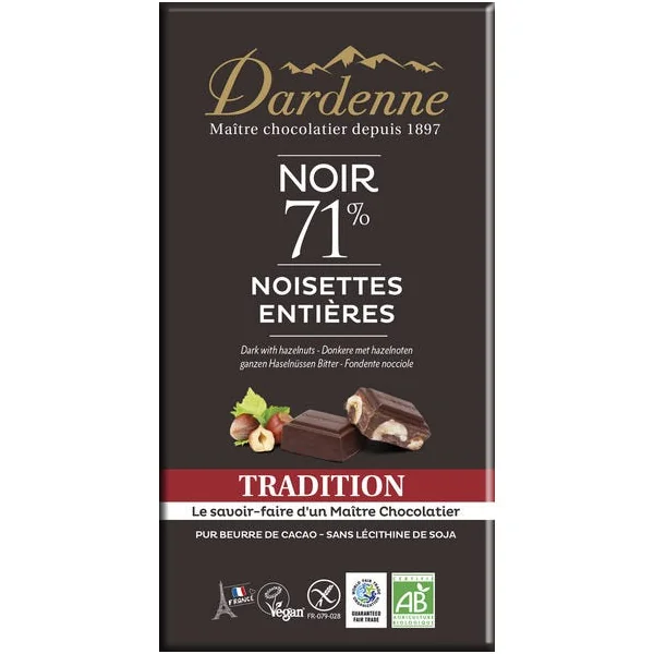 Chocolat noir 71% de cacao aux noisette 180g