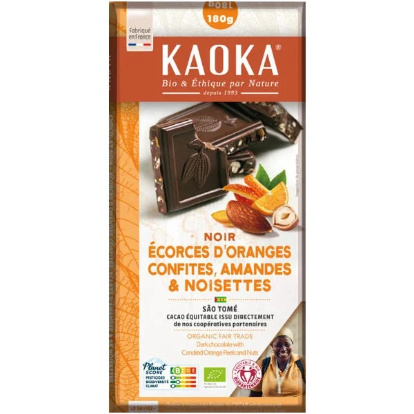 Chocolat noir orange confite amande noisette 66% 180g
