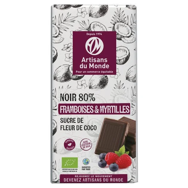 Chocolat noir sucre coco framboise myrtille 100g