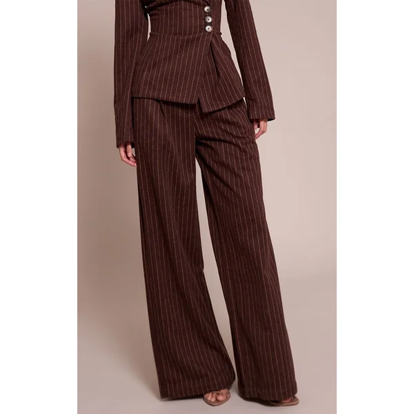 Chocolat Pantalon Droit Plissé À Fines Rayures