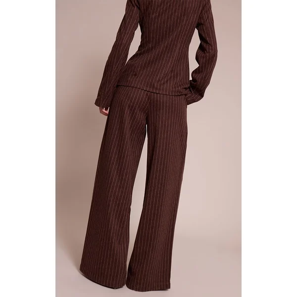 Chocolat Pantalon Droit Plissé À Fines Rayures