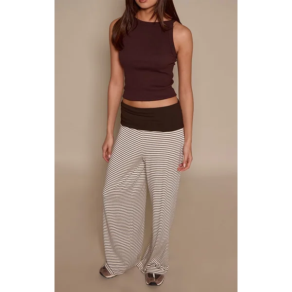 Chocolat Pantalon Large En Jersey Doux À Rayures Avec Bande De Taille Contrastante