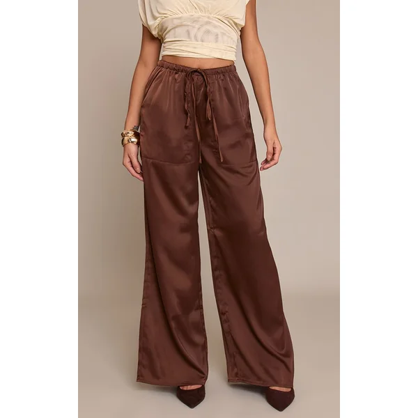 Chocolat Pantalon Large Taille Basse En Satin Avec Cordon De Serrage
