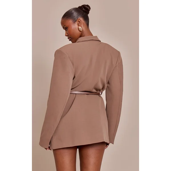 Chocolat Robe Blazer Ceinturée En Tissu Tissé