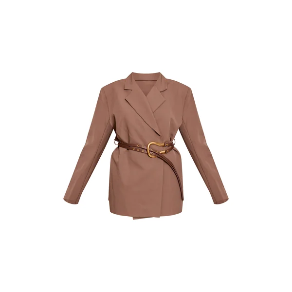 Chocolat Robe Blazer Ceinturée En Tissu Tissé