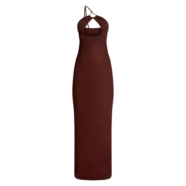 Chocolat Robe De Plage Maxi En Mousseline Avec Découpes Et Ornements De Perles