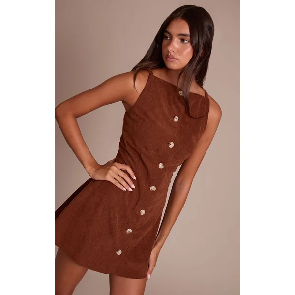 Chocolat Robe Droite Boutonnée En Velours Côtelé