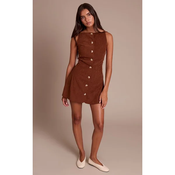Chocolat Robe Droite Boutonnée En Velours Côtelé
