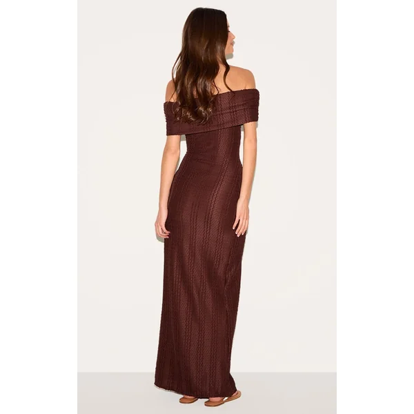 Chocolat Robe Maxi Texturée À Col Bardot