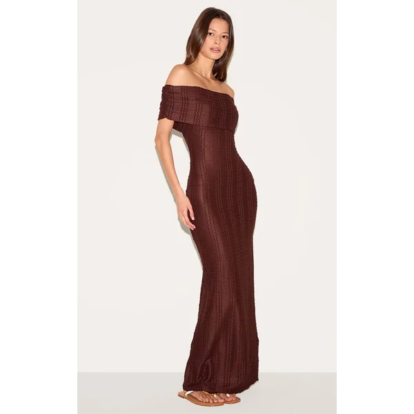 Chocolat Robe Maxi Texturée À Col Bardot