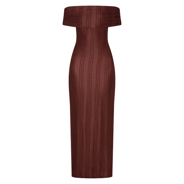 Chocolat Robe Maxi Texturée À Col Bardot