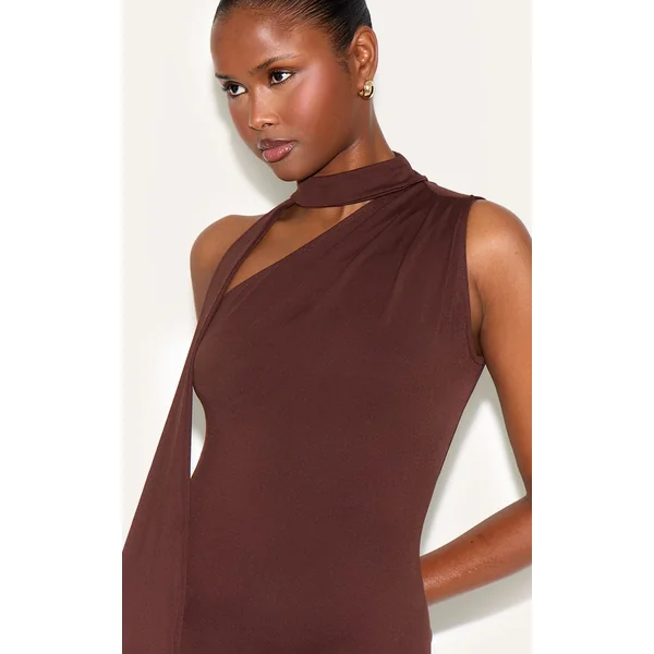 Chocolat Robe Mini Asymétrique Drapée Une Épaule En Tissu Doux Au Toucher