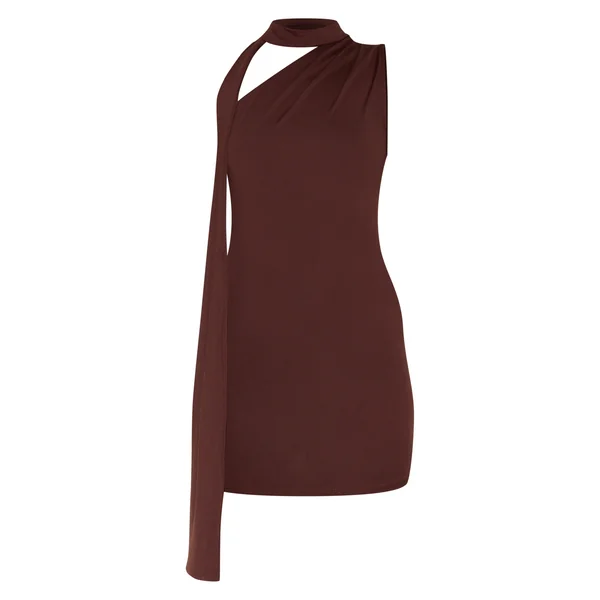 Chocolat Robe Mini Asymétrique Drapée Une Épaule En Tissu Doux Au Toucher