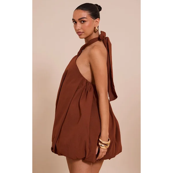 Chocolat Robe Mini Bouffante Imprimée À Col Licou