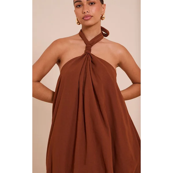 Chocolat Robe Mini Bouffante Imprimée À Col Licou