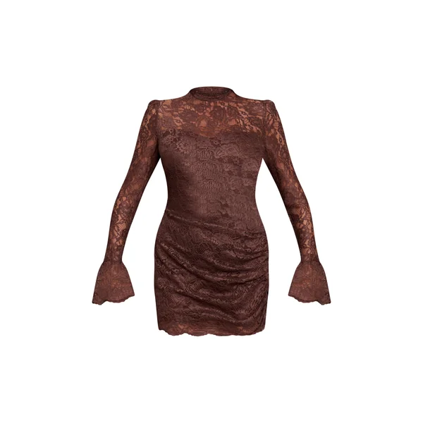 Chocolat Robe Mini Moulante En Dentelle Froncée À Manches Longues