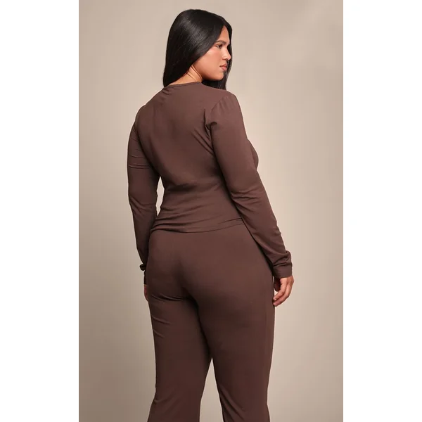 Chocolat Top Grande Taille Manches Longues En Coton Avec Détails De Coutures Coordonné