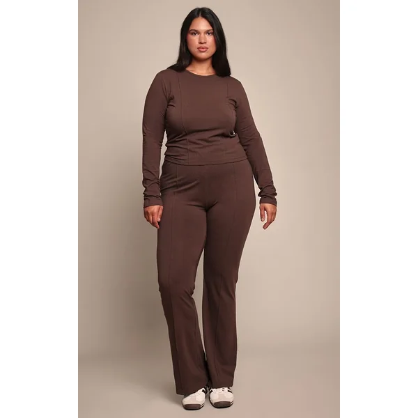 Chocolat Top Grande Taille Manches Longues En Coton Avec Détails De Coutures Coordonné