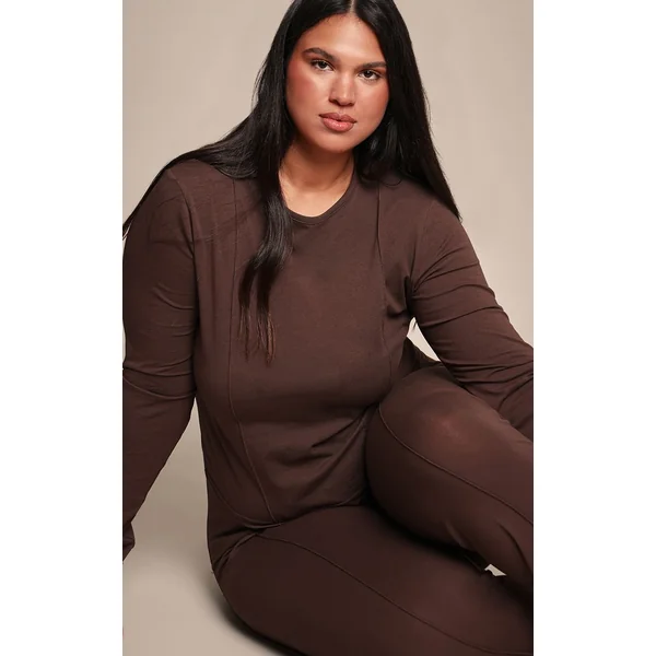 Chocolat Top Grande Taille Manches Longues En Coton Avec Détails De Coutures Coordonné