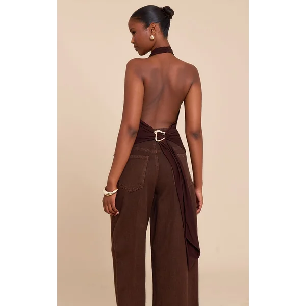Chocolat Top Long Dos Nu À Double Couche Slinky Avec Détail De Finition