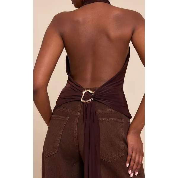Chocolat Top Long Dos Nu À Double Couche Slinky Avec Détail De Finition