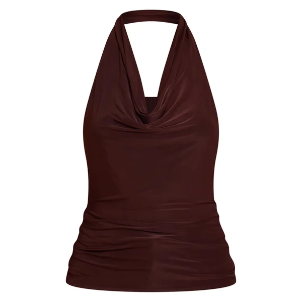 Chocolat Top Long Dos Nu À Double Couche Slinky Avec Détail De Finition