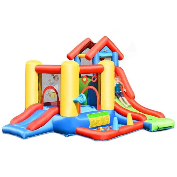 Château Gonflable 7 en 1 pour Enfant 3-10 Ans Toboggans Capacité 135kg en Tissu Oxford 356x289x233cm Multicolore