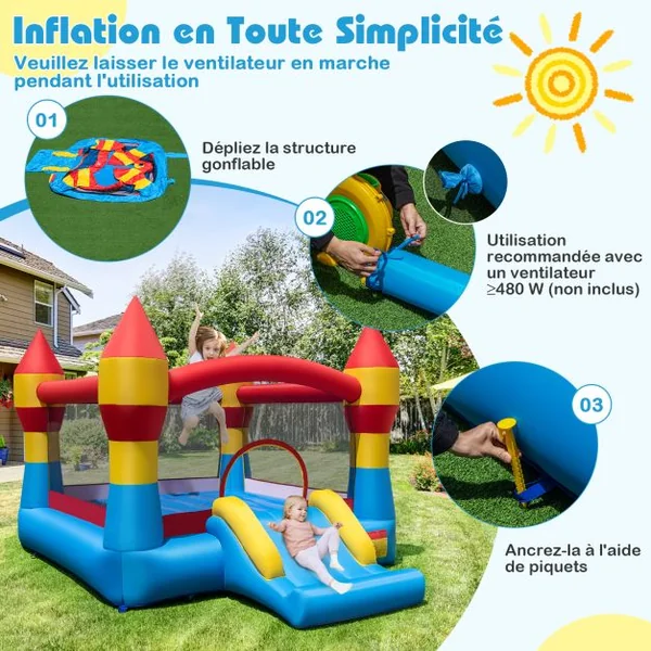 Château Gonflable avec Toboggan pour Enfant de 3 à 10 ans Filet Protecteur en Tissu Oxford 370x280x230cm Multicolore