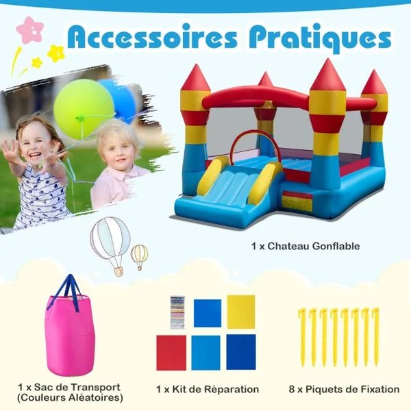 Château Gonflable avec Toboggan pour Enfant de 3 à 10 ans Filet Protecteur en Tissu Oxford 370x280x230cm Multicolore