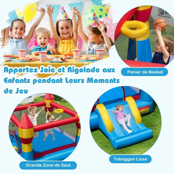 Château Gonflable avec Toboggan pour Enfant de 3 à 10 ans Filet Protecteur en Tissu Oxford 370x280x230cm Multicolore
