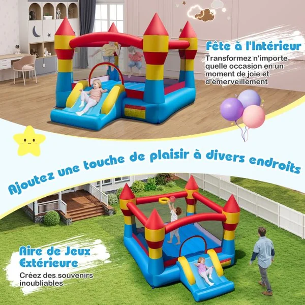 Château Gonflable avec Toboggan pour Enfant de 3 à 10 ans Filet Protecteur en Tissu Oxford 370x280x230cm Multicolore