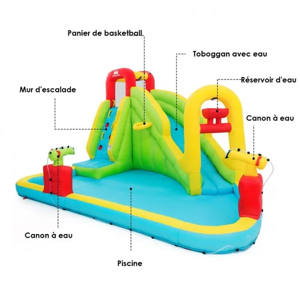 Château Gonflable Grande Aire de Jeux avec Toboggan Pistolet à Eau Piscine en Tissu Oxford, 400x335x230cm, Multicolore (sans Souffleur)
