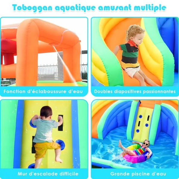 Château Gonflable pour 3 Enfants avec 2 Toboggan Mur d’Escalade Charge 80KG Souffleur Non-Inclus