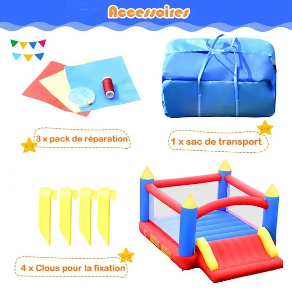 Château Gonflable pour 3 Enfants avec Toboggan Kit de Réparation Piquetn Charge 50KG Souffleur Non-Inclus