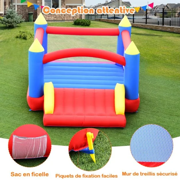 Château Gonflable pour 3 Enfants avec Toboggan Kit de Réparation Piquetn Charge 50KG Souffleur Non-Inclus