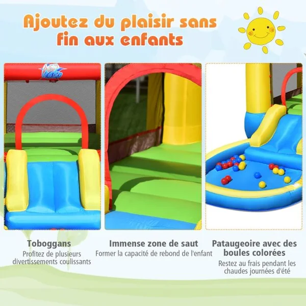 Château Gonflable pour Enfant 3-5 Ans Toboggan Aire de Saut Capacité 90kg en Tissu Oxford 365x200x190cm Multicolore