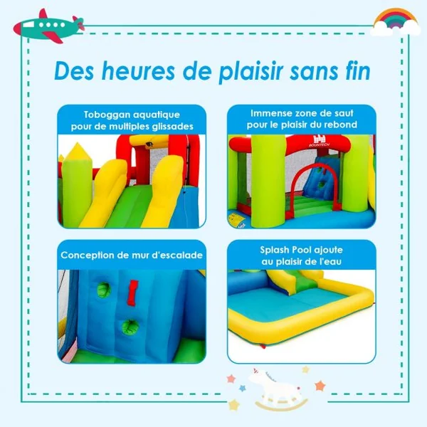 Château Gonflable pour Enfants de 3 à 10 Ans Aire de Jeux Accessoires Capacité 135 kg 350x280x190 cm Multicolore