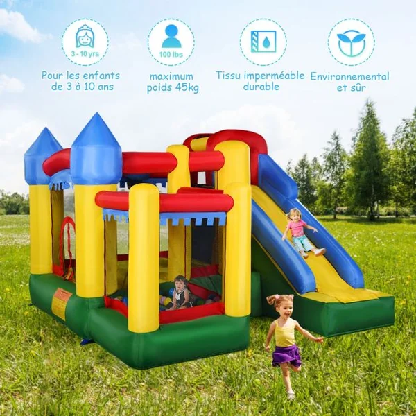 Château Gonflable Toboggan Piscine pour Enfant 3-10 ans Filet Protecteur en Tissu Oxford, 300x300x215cm, Multicolore