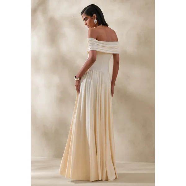 Cindie | Robe longue crème à encolure bardot