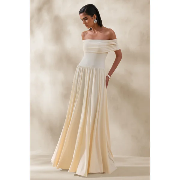 Cindie | Robe longue crème à encolure bardot