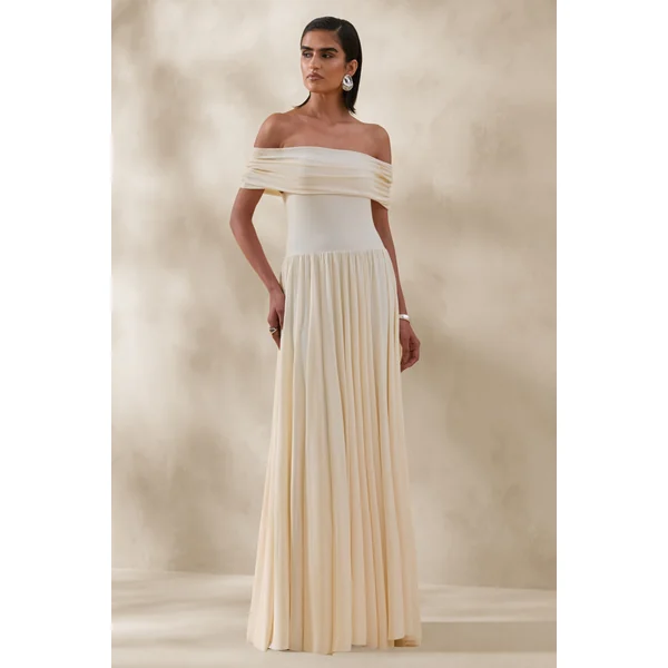 Cindie | Robe longue crème à encolure bardot