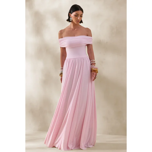 Cindie | Robe longue rose à encolure bardot