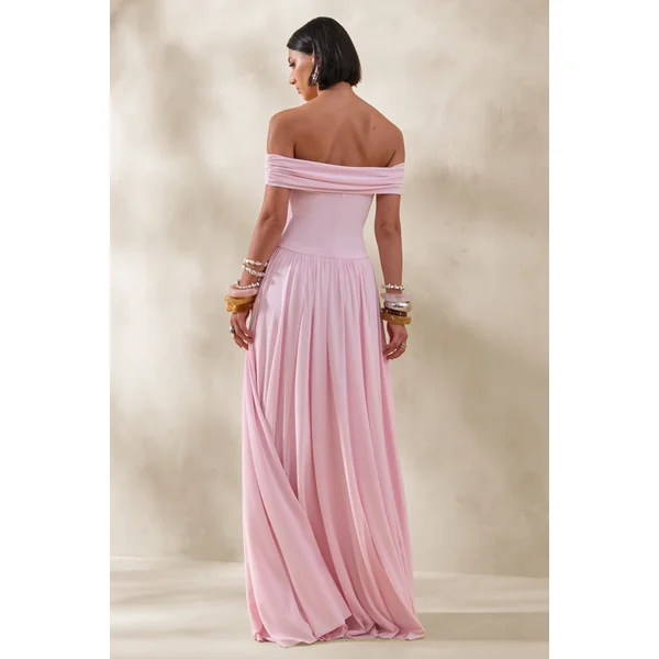 Cindie | Robe longue rose à encolure bardot
