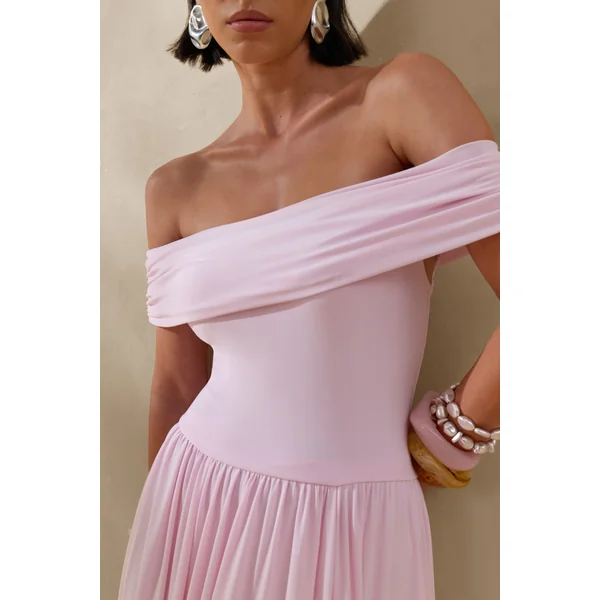 Cindie | Robe longue rose à encolure bardot